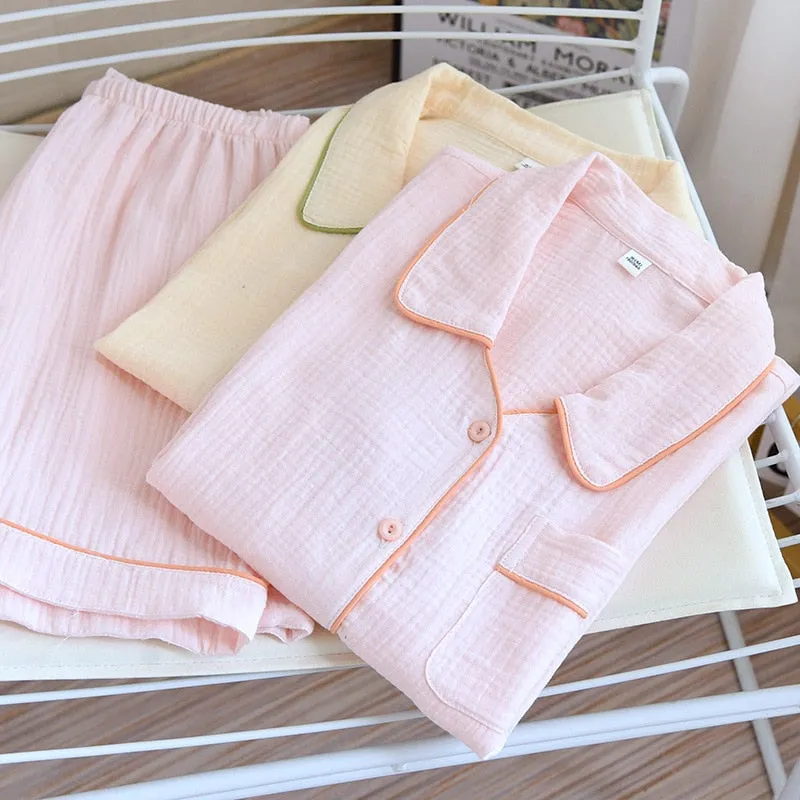 Woven Cotton Pajamas Women's Summer Thin Short Sleeve Shorts Two Piece Set Sweet Solid Color Lapel Cardigan Homewear