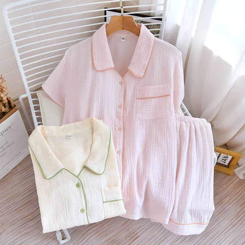 Woven Cotton Pajamas Women's Summer Thin Short Sleeve Shorts Two Piece Set Sweet Solid Color Lapel Cardigan Homewear