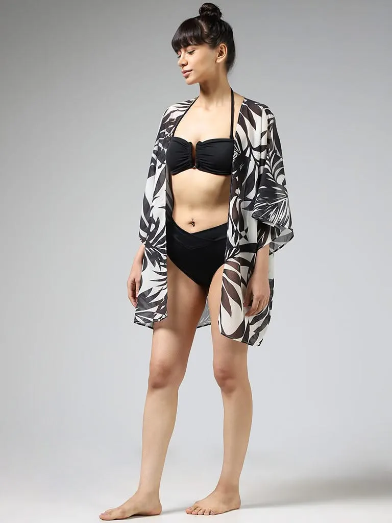 Wunderlove Black and White Tropical Printed Swimwear Cotton Cover-Up Dress