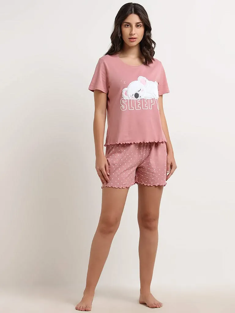 Wunderlove Blush Pink Koala Cotton Shorts Set In A Bag