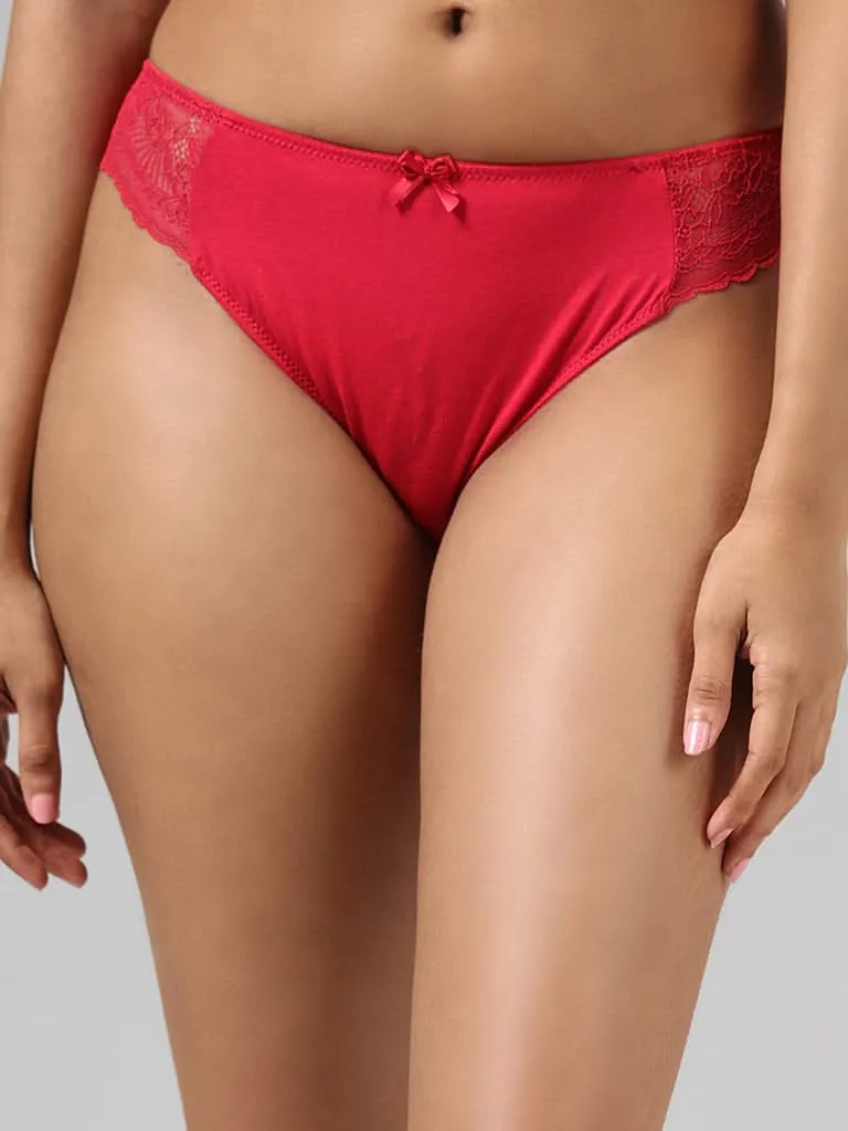 Wunderlove Dark Red Cotton Blend Lace Insert High Leg Brief