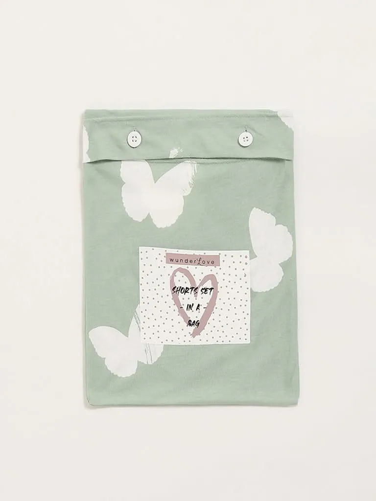 Wunderlove Green Butterfly Cotton Shorts Set In a Bag