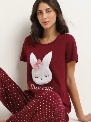 Wunderlove Maroon Cotton T-Shirt and Pyjamas Set