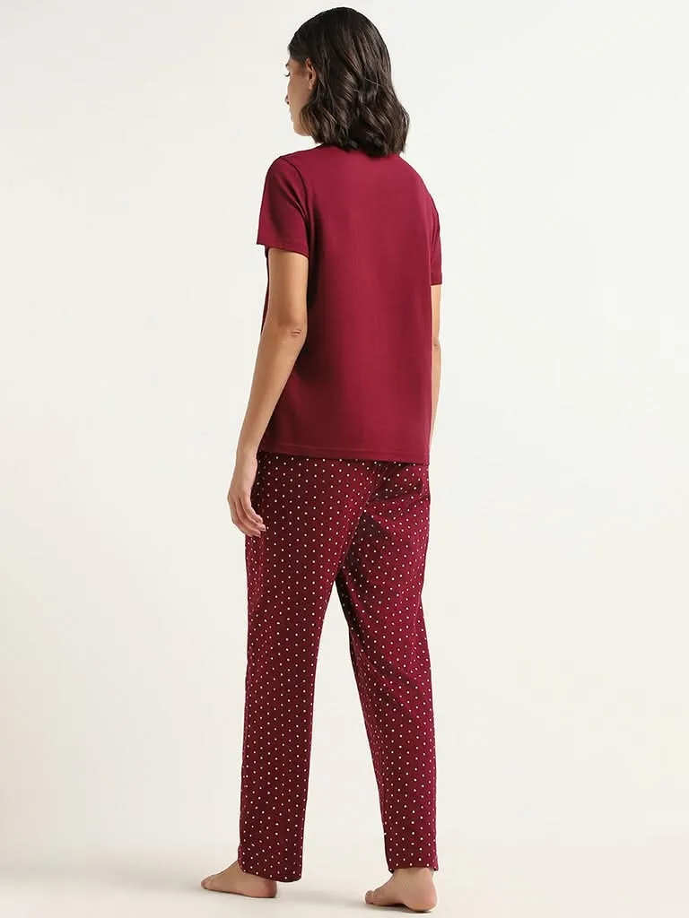 Wunderlove Maroon Cotton T-Shirt and Pyjamas Set