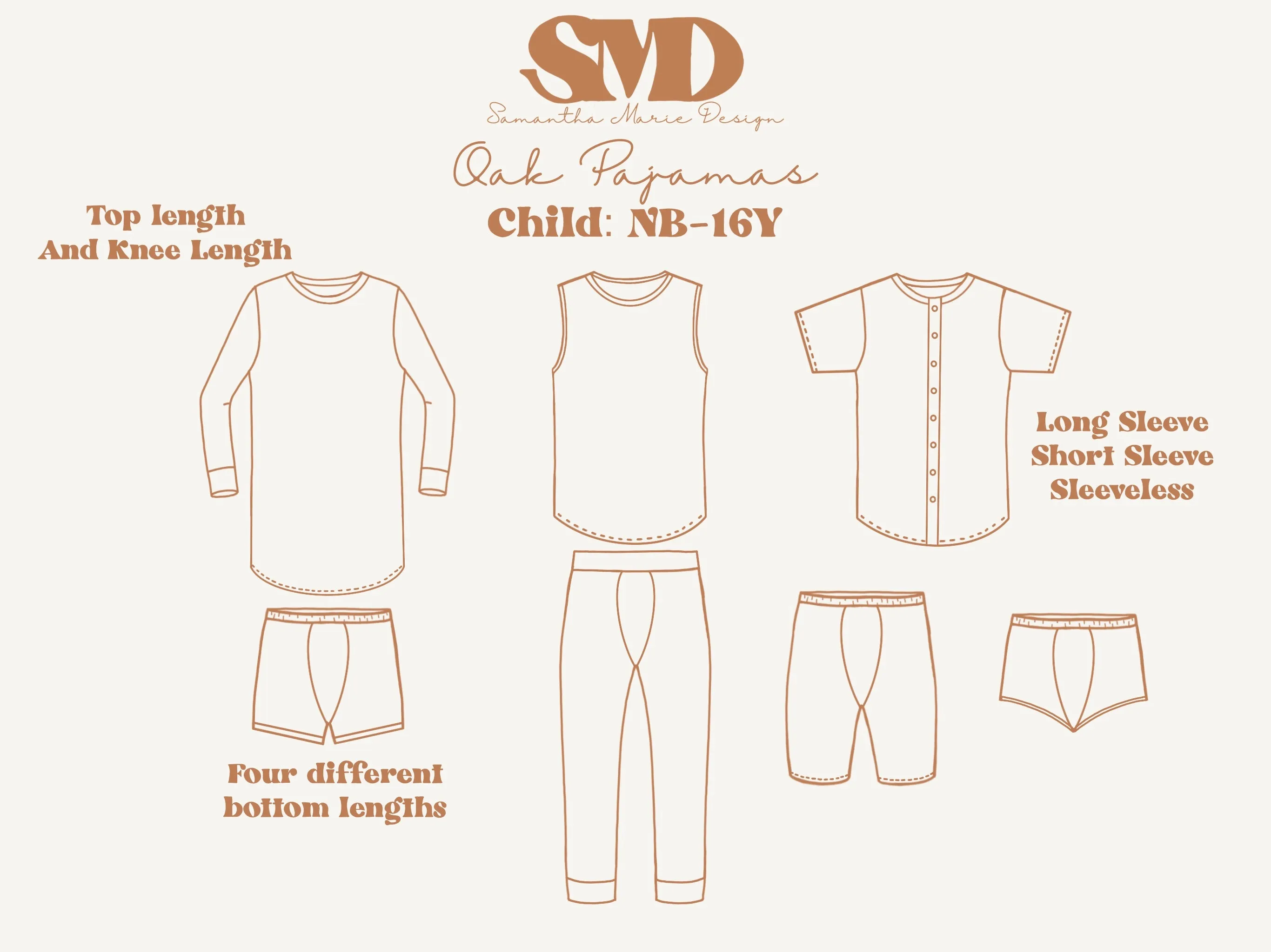 Youth Oak Pajama Set and Gown Digital Sewing Pattern Sizes NB-16Y